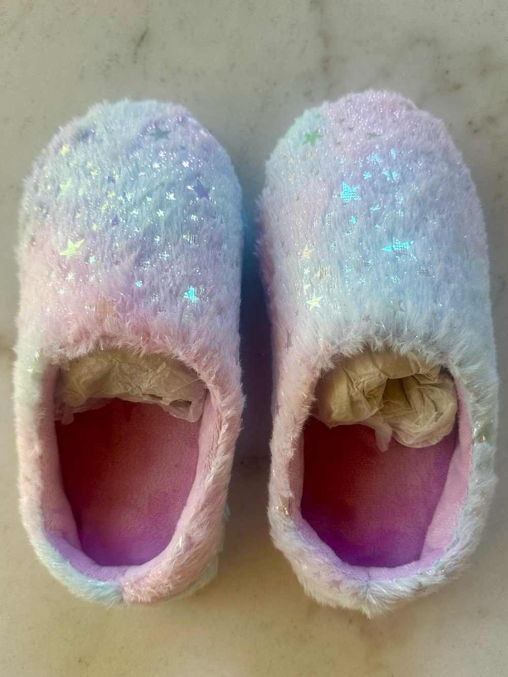 NWOT Fuzzy Pastel Star Sparkly Slippers - Pink & Lavender